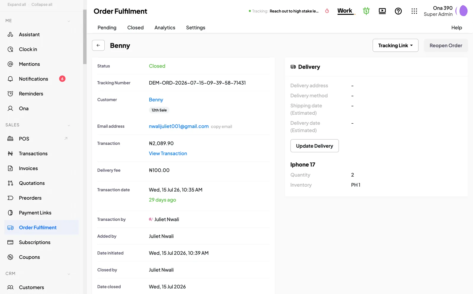 Order fulfilment in 390 Work