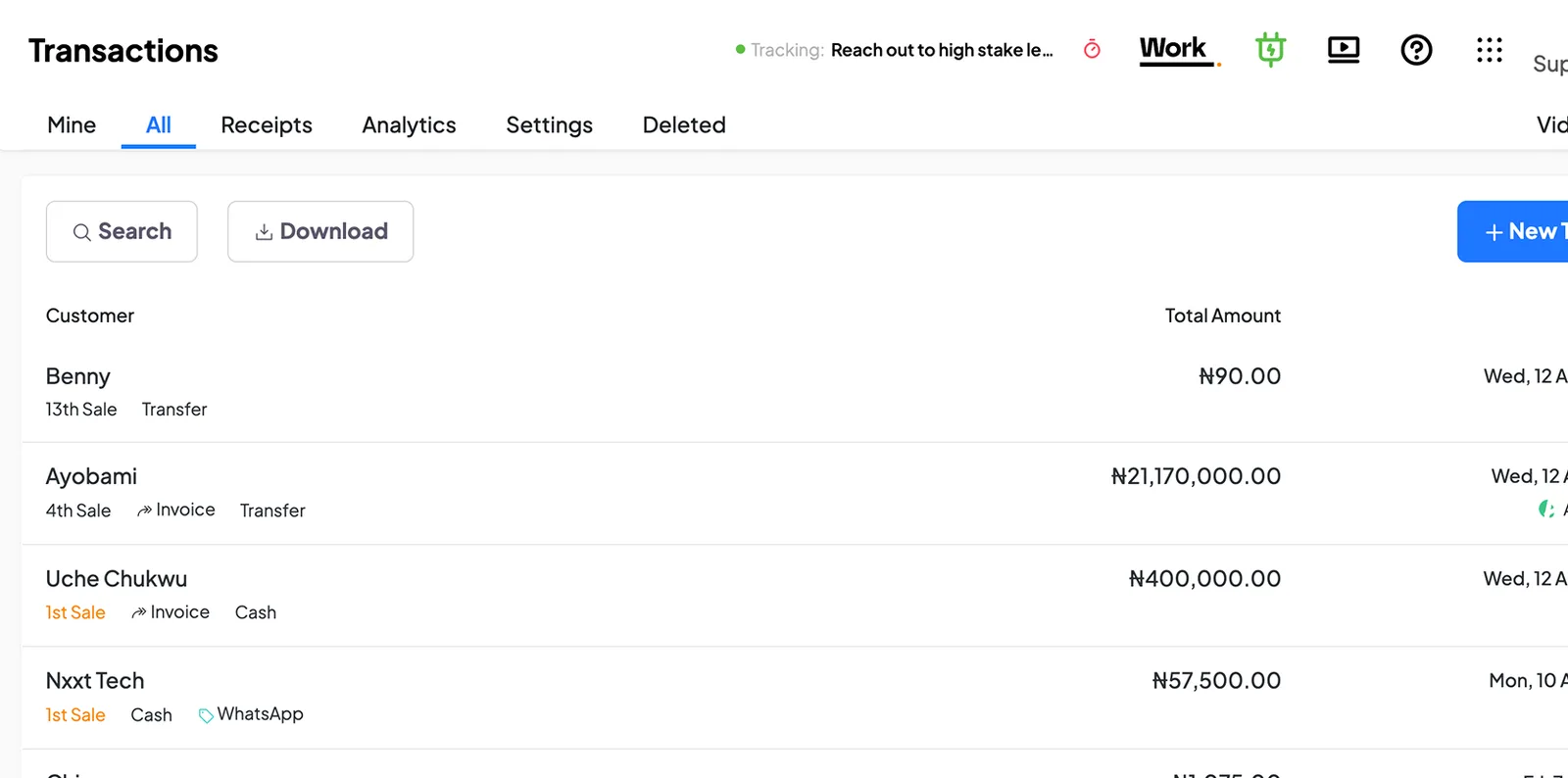 Transactions in 390 Work